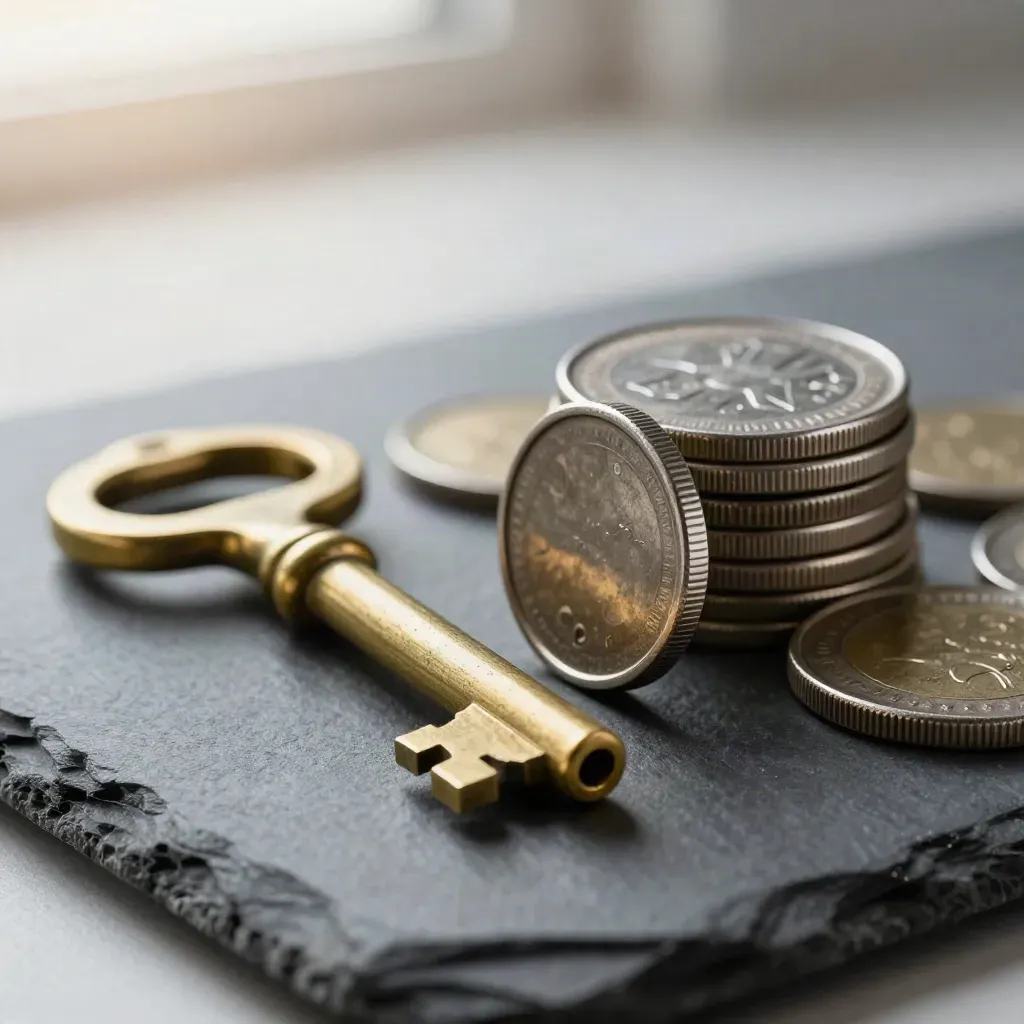 Brass vault key blank, lock cylinder, and silver tokens on slate in a premium macro still life.