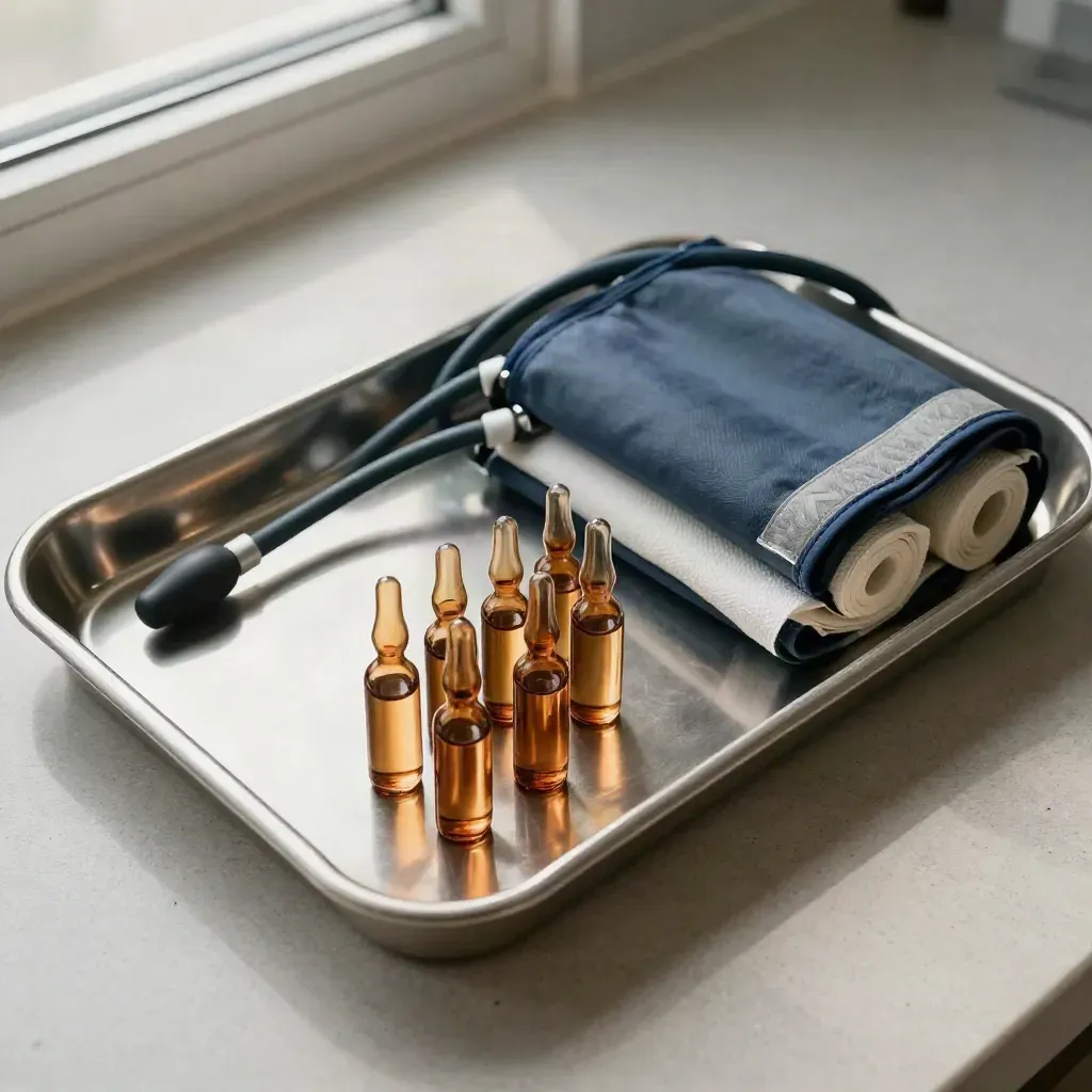 Top-down clinic tray with amber ampoules, blood-pressure tubing and gauze on steel.