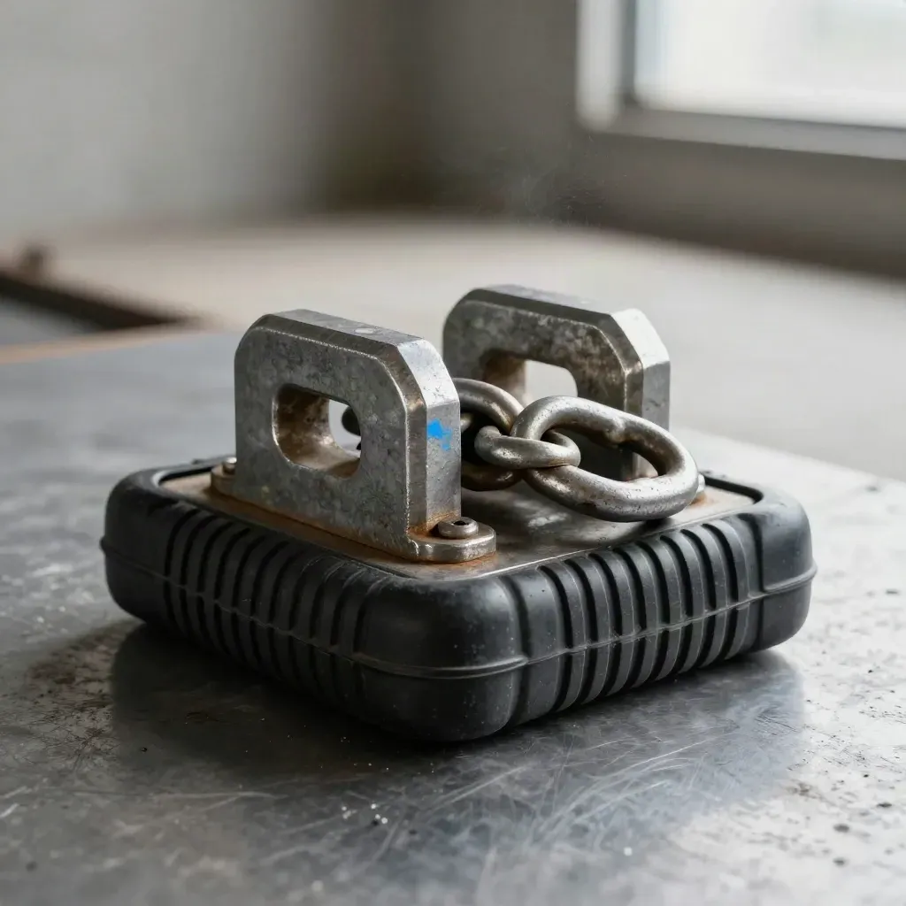 Freight hardware cluster with twist-lock, shackle, and dock bumper on brushed metal