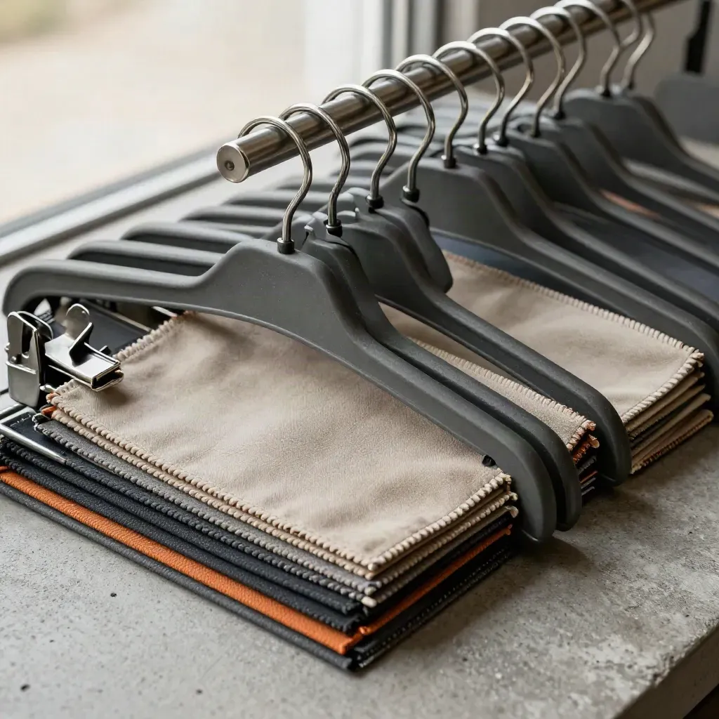 Garment clips, shelf brackets and swatch cards on brushed concrete under raking light.