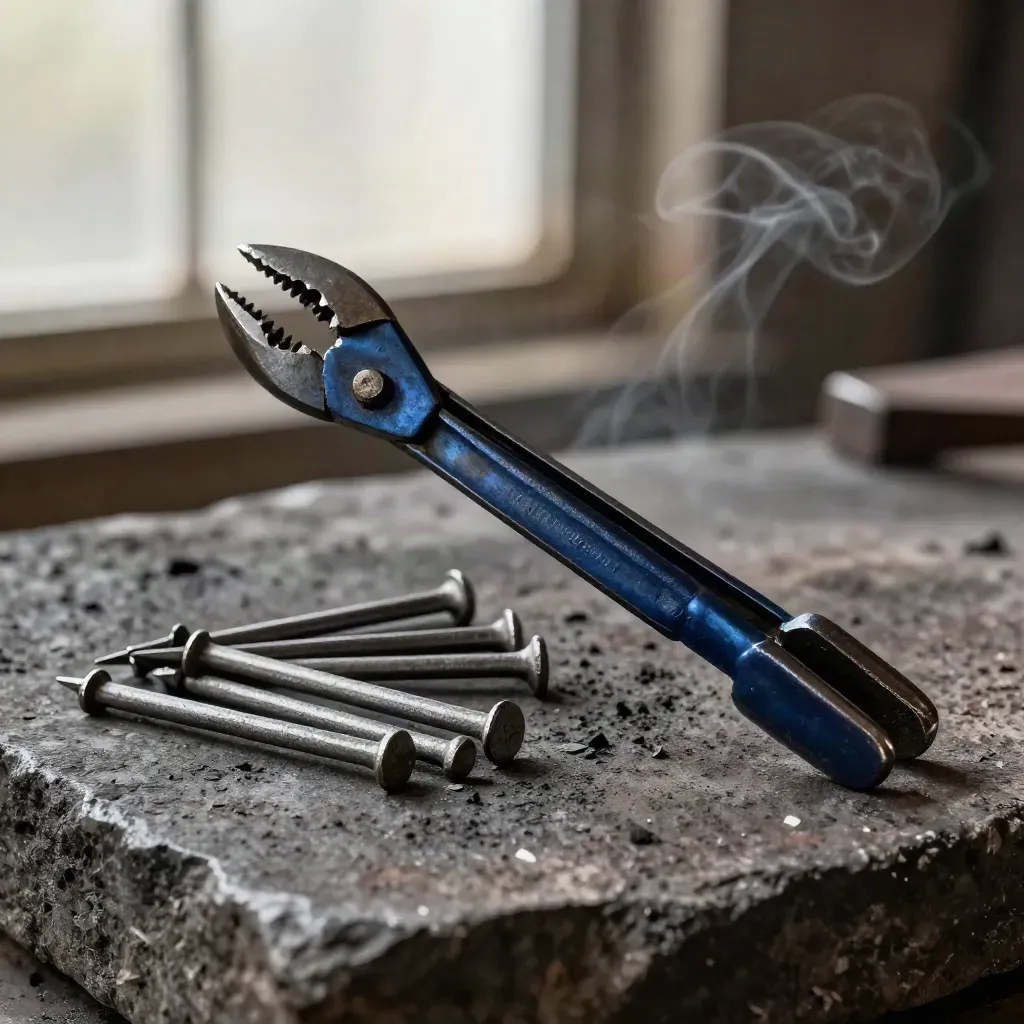 Blacksmith tongs, forged nails, and an iron wedge on pitted stone with faint smoke.