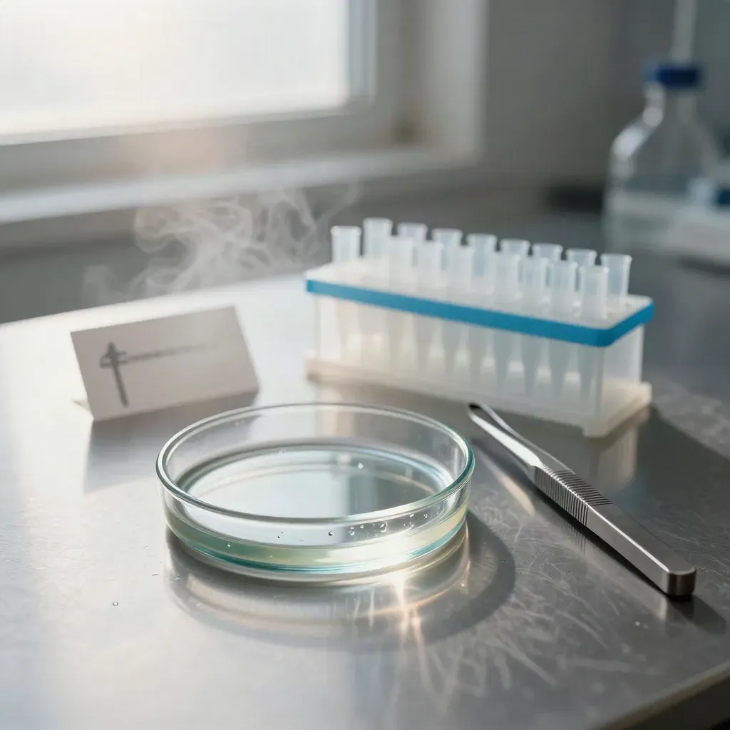 Petri dish lids, pipette tips, and tweezers aligned on brushed steel with cool lab mist
