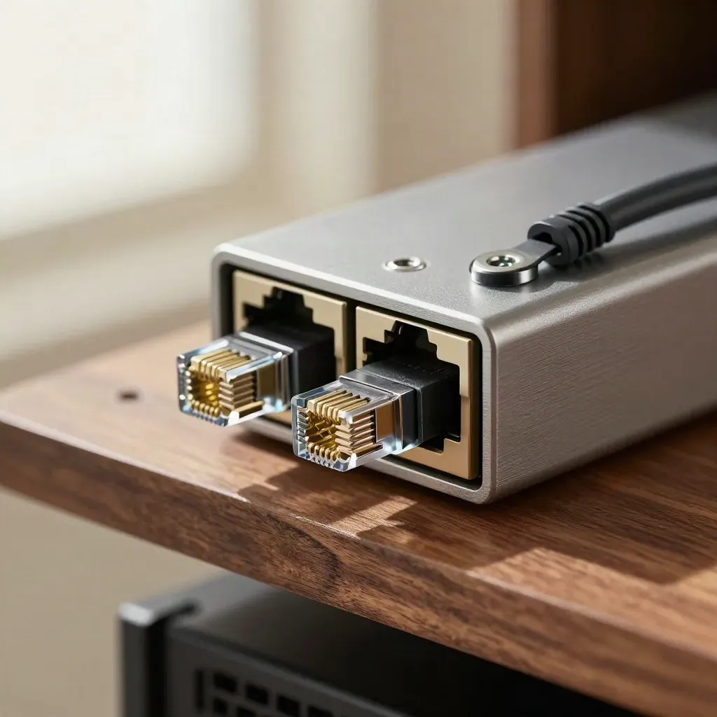 Macro of a server caddy, two RJ45 plugs, and a coiled patch lead on a walnut bench.