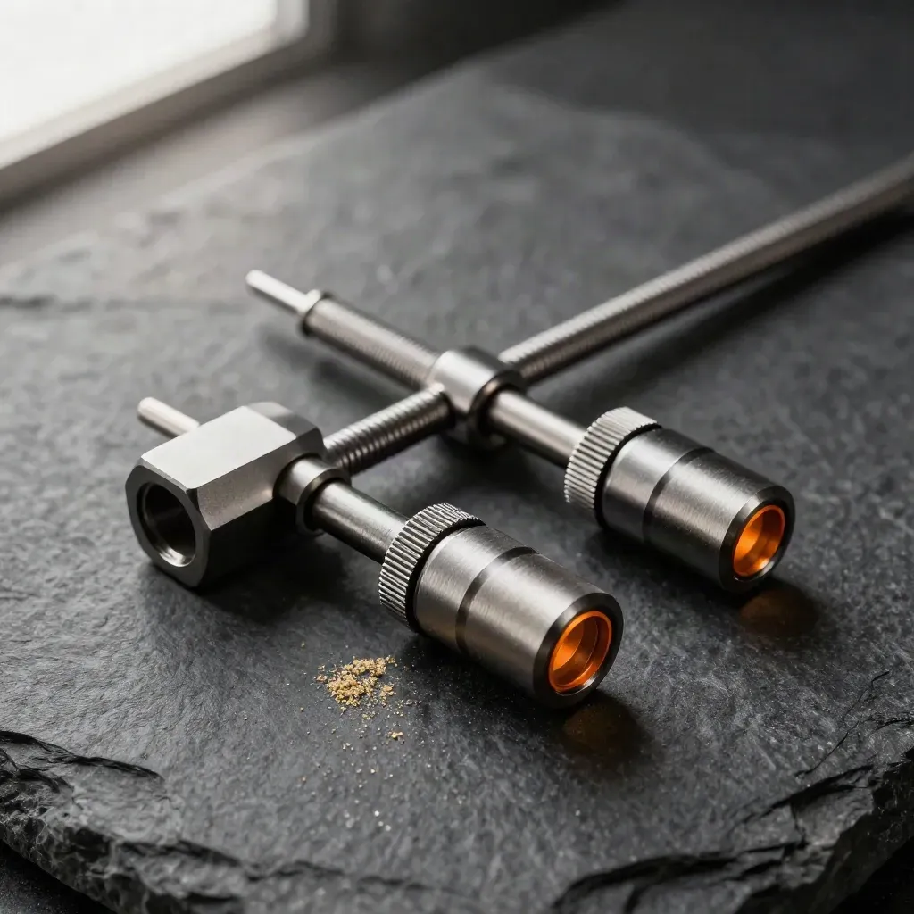 Top-down macro of linked connector blocks on charcoal stone with a warm orange detail