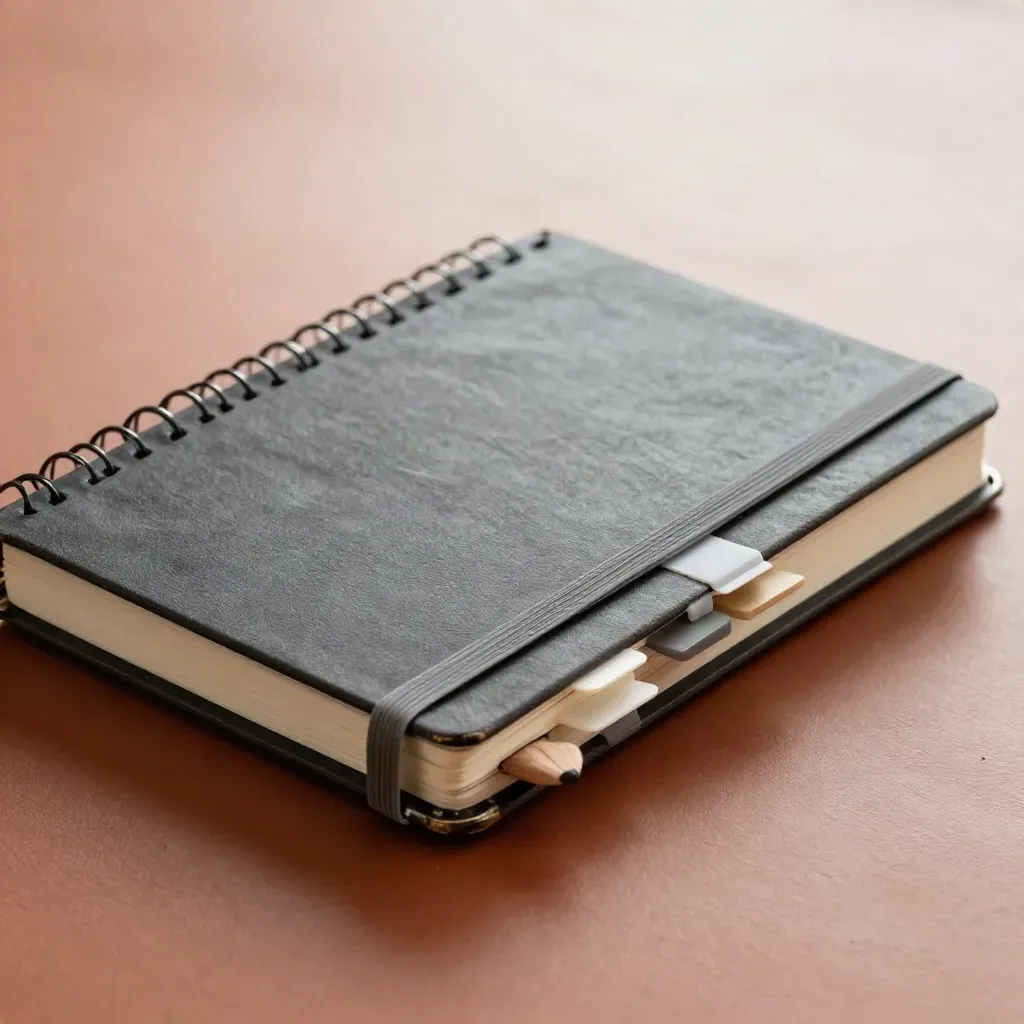 Closed spiral notebook with tabs and pencil stub on a clay surface, dramatic close-up