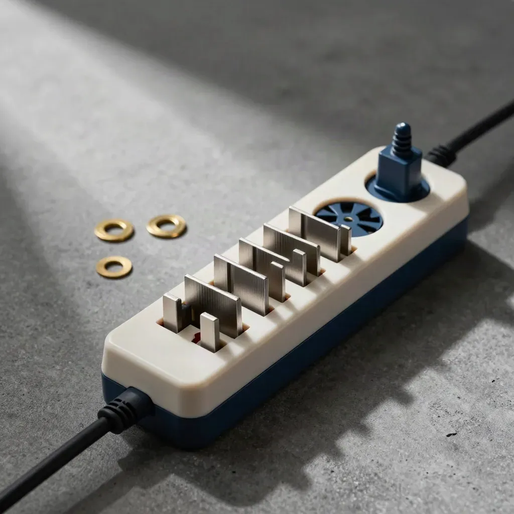 Unplugged rack power strip, fan module, heat-sink fins and brass washers on graphite concrete.
