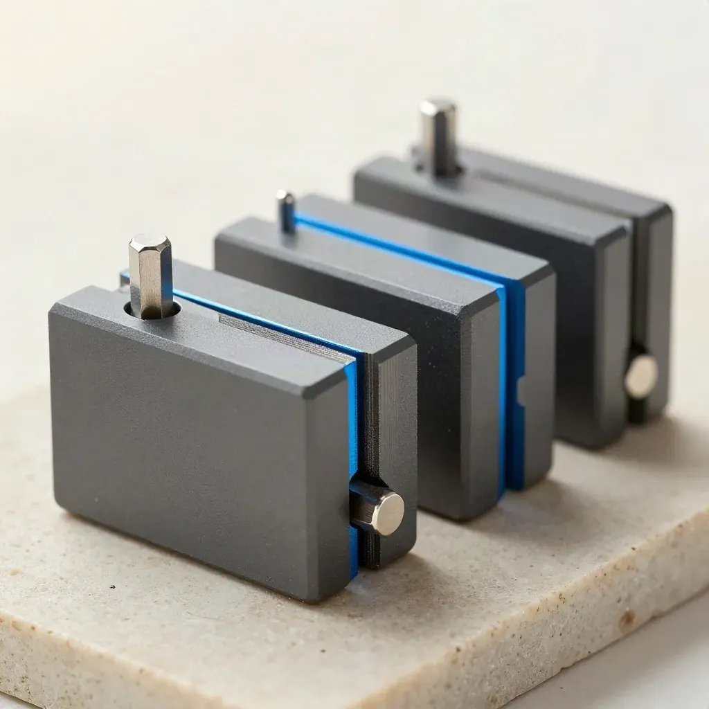 Three machined modular blocks and a hex-key stub on limestone, side-on in a tidy macro row.