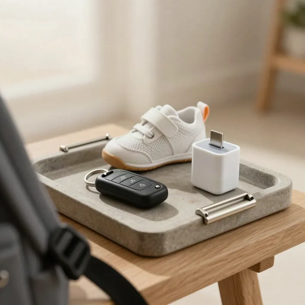 Macro entryway still life of a key fob, toddler sneaker, charger and latch beside a blurred backpack strap.