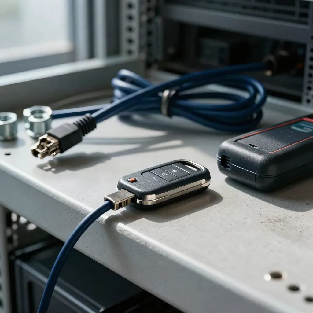 Top-down close-up of IT admin tools: security key, patch cables, cage nuts and cable tester on steel.