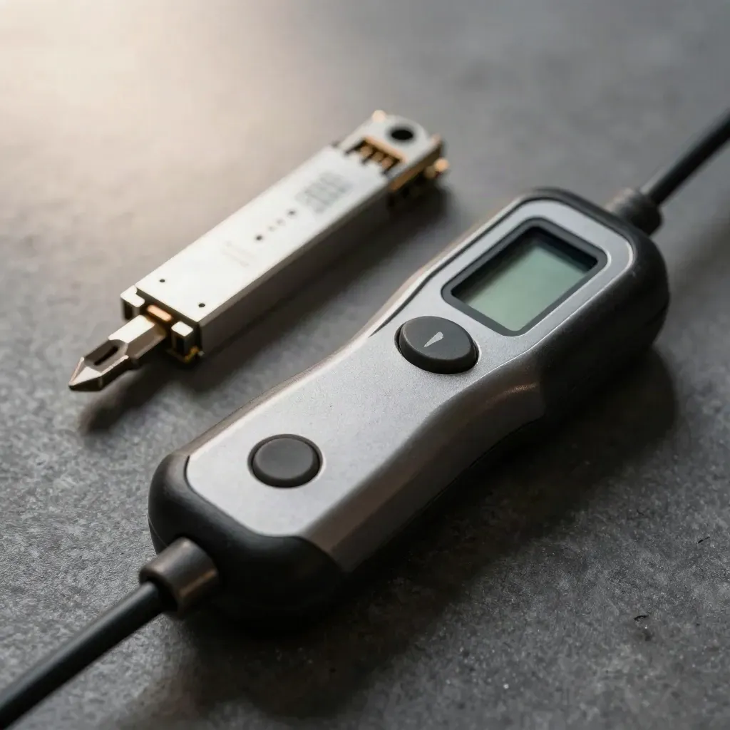 Cable tester, SFP module and screwdriver bit in a dramatic graphite macro still life.