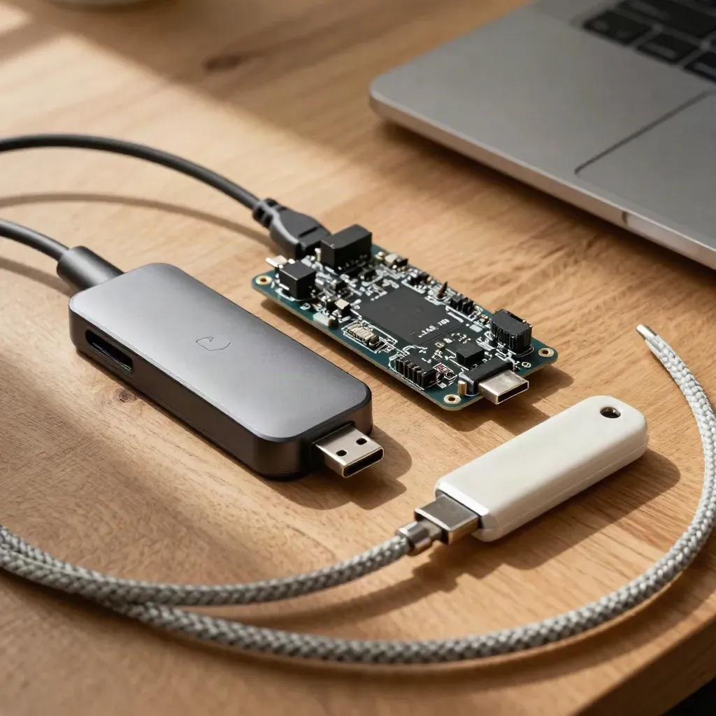 USB-C dock, dev-board module, braided cable and thumb drive on a honey-oak workbench