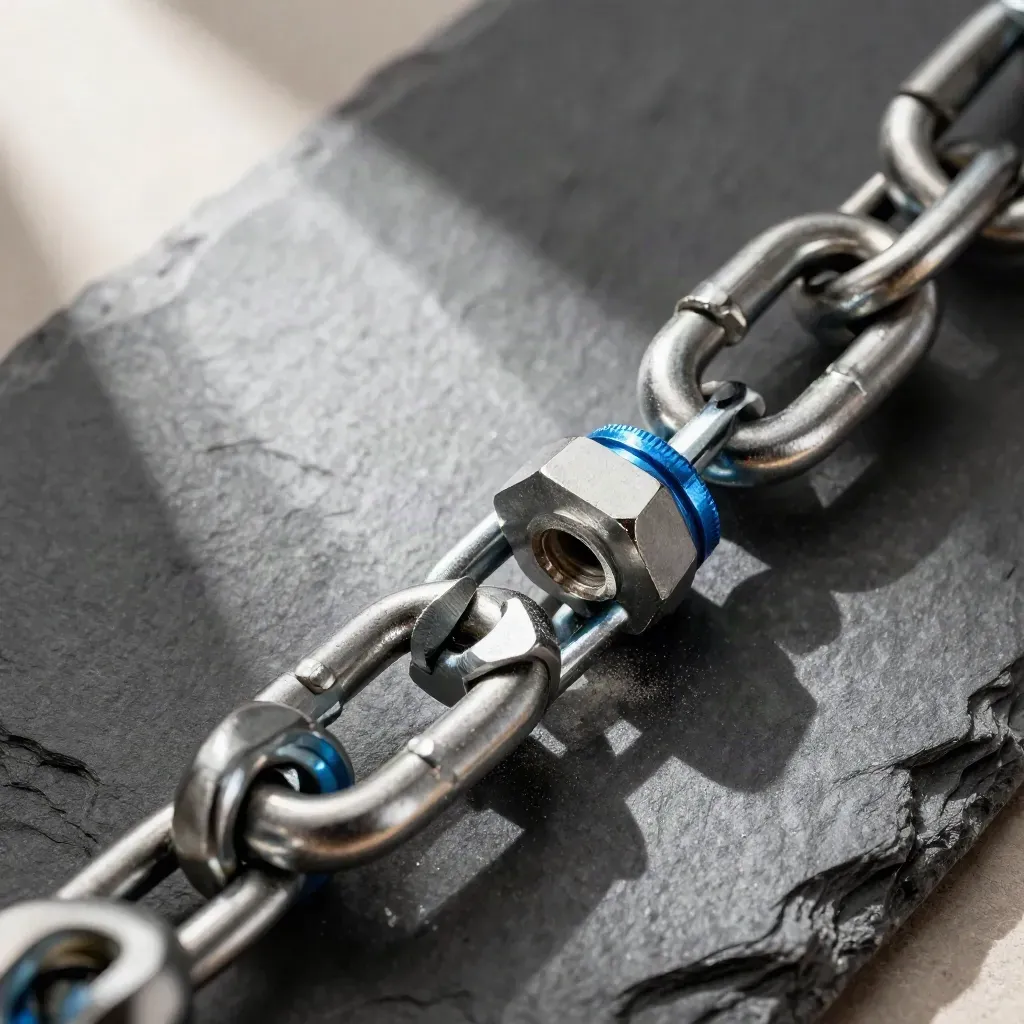 Interlocking metal links, couplers, and adapter plate on slate with a tiny azure accent