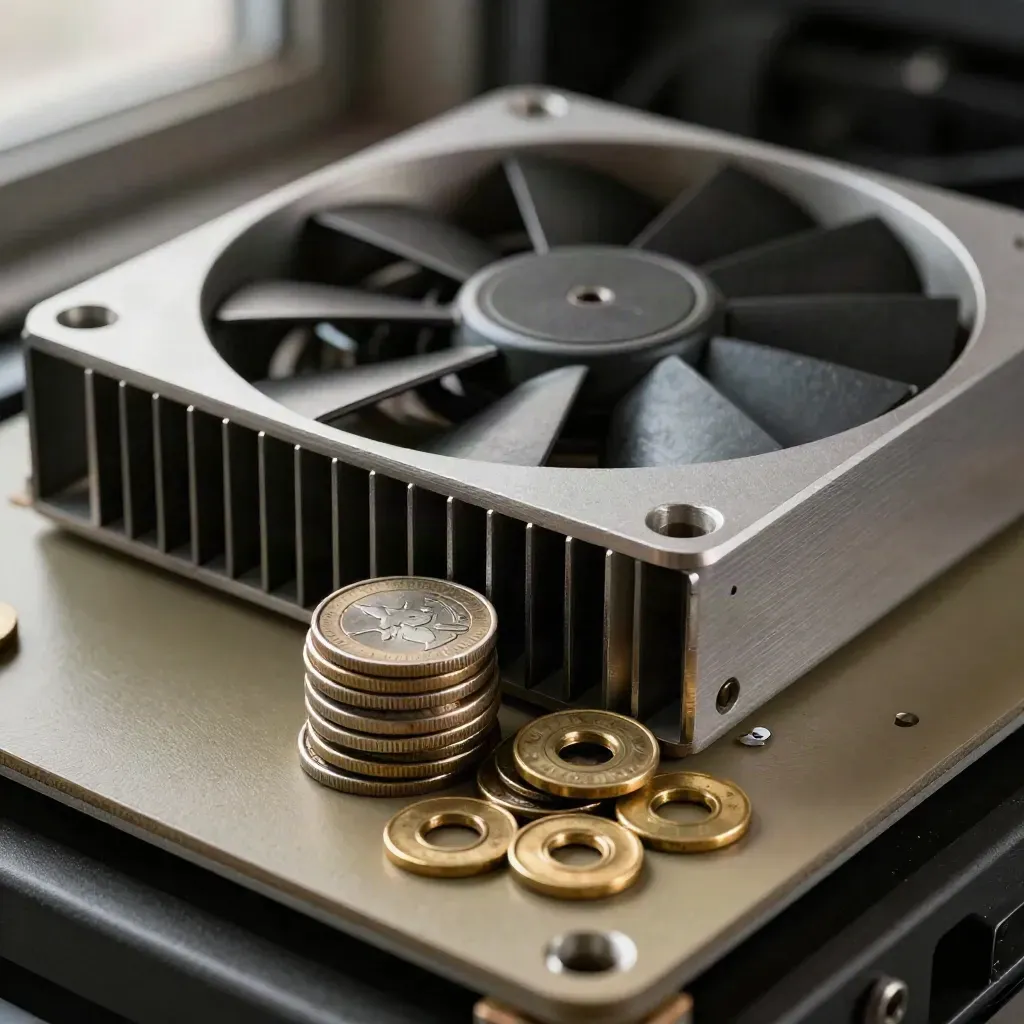 Silver server fan module, heat sink fins, coins, and brass washers in a dark macro still life.