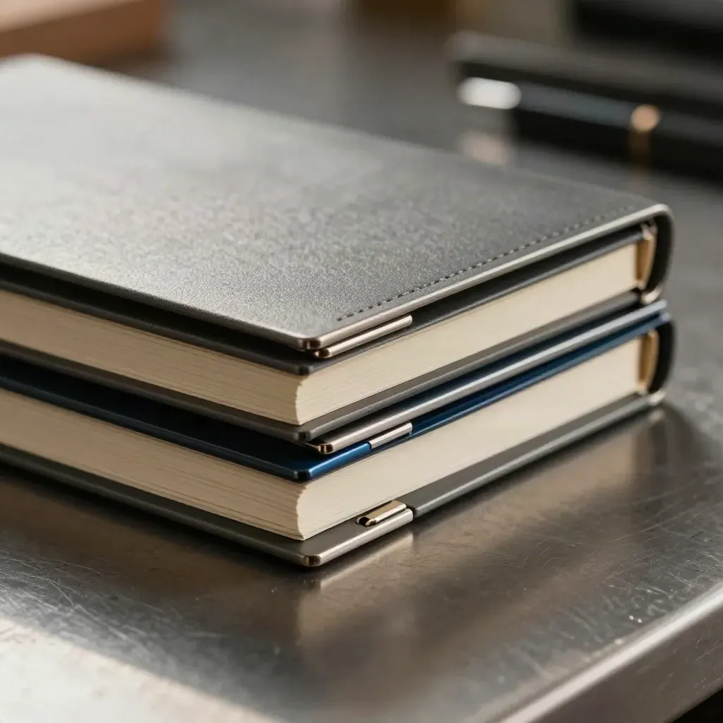 Side-on macro of folded hinge plates, modular notebook covers, and paper clamps on brushed metal.