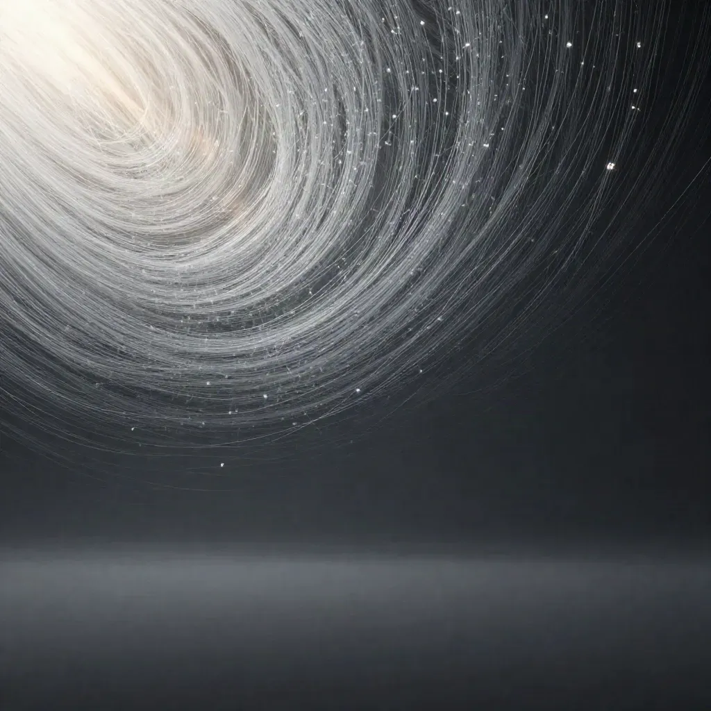 Silver particle streams converge into a white bloom in graphite haze, with calm copy space.