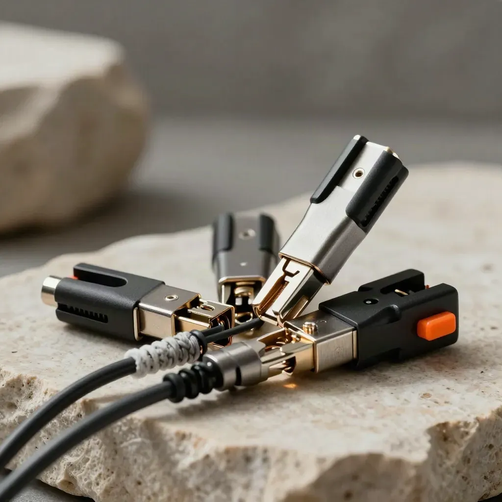 Magnetic cable clips, snap connectors, and bridge block on pale limestone with warm orange accent.