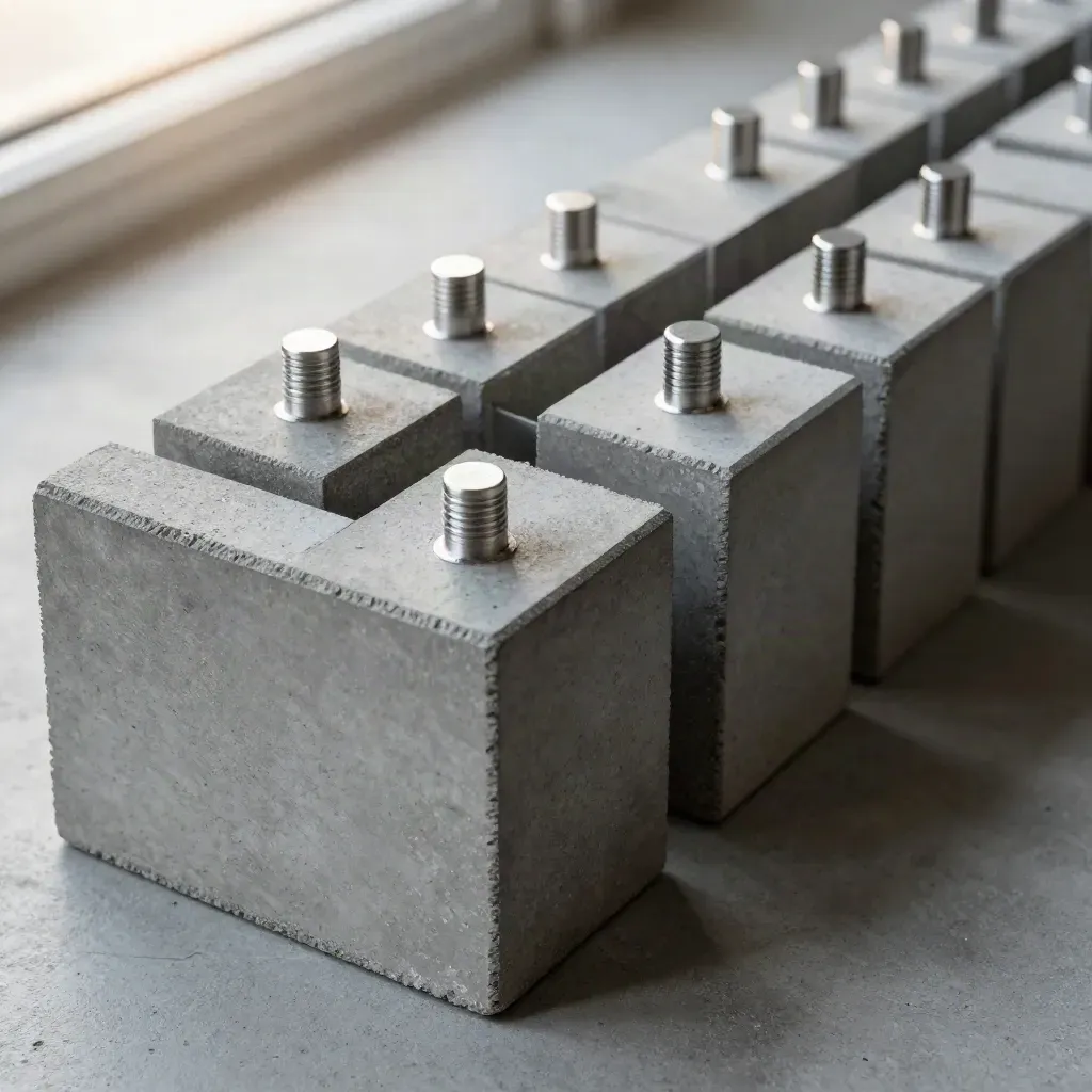 Stacked modular blocks and silver pins on concrete, top-down macro with soft shadows.